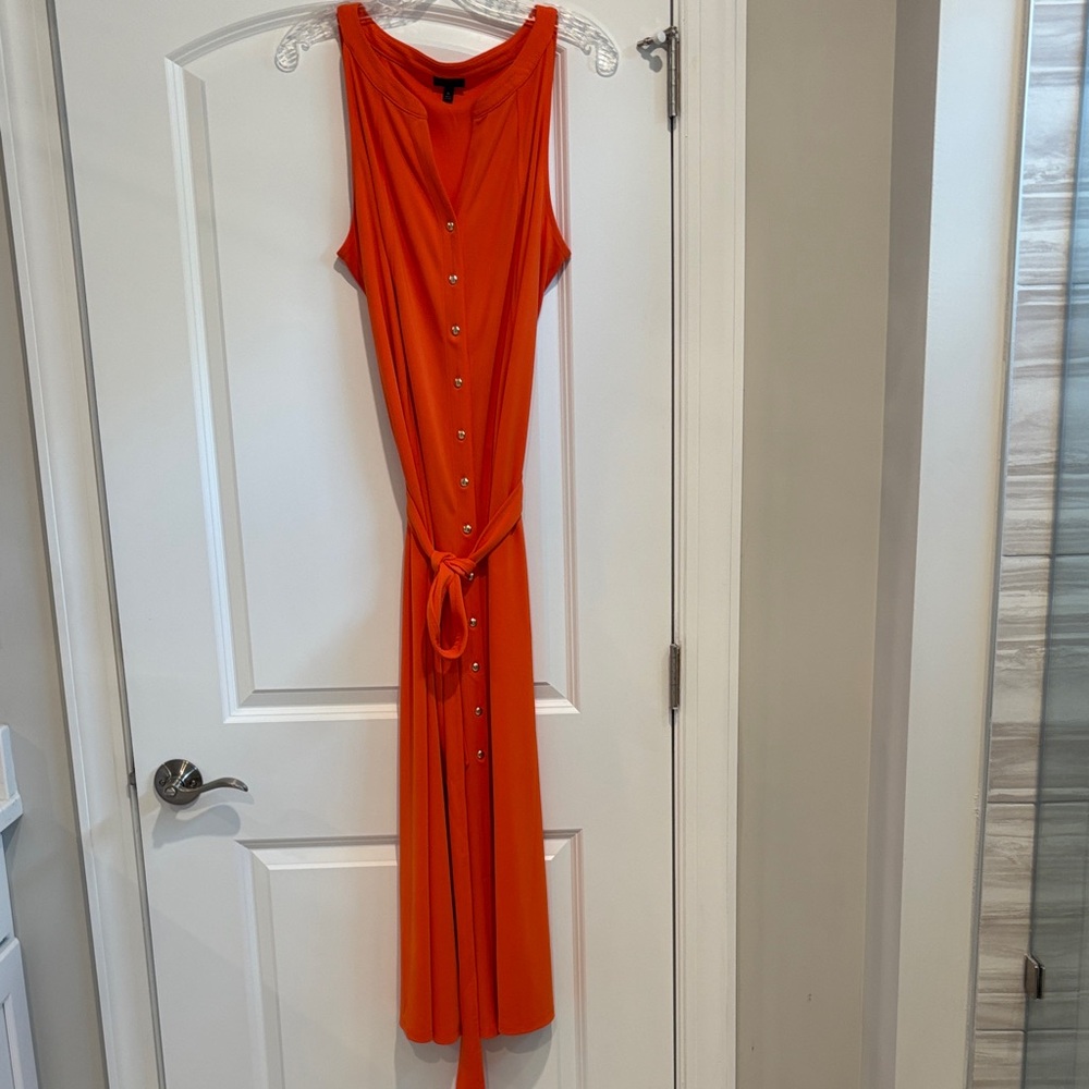 Talbots Bright Orange Sleeveless Button-Front Tie-Waist Maxi Dress